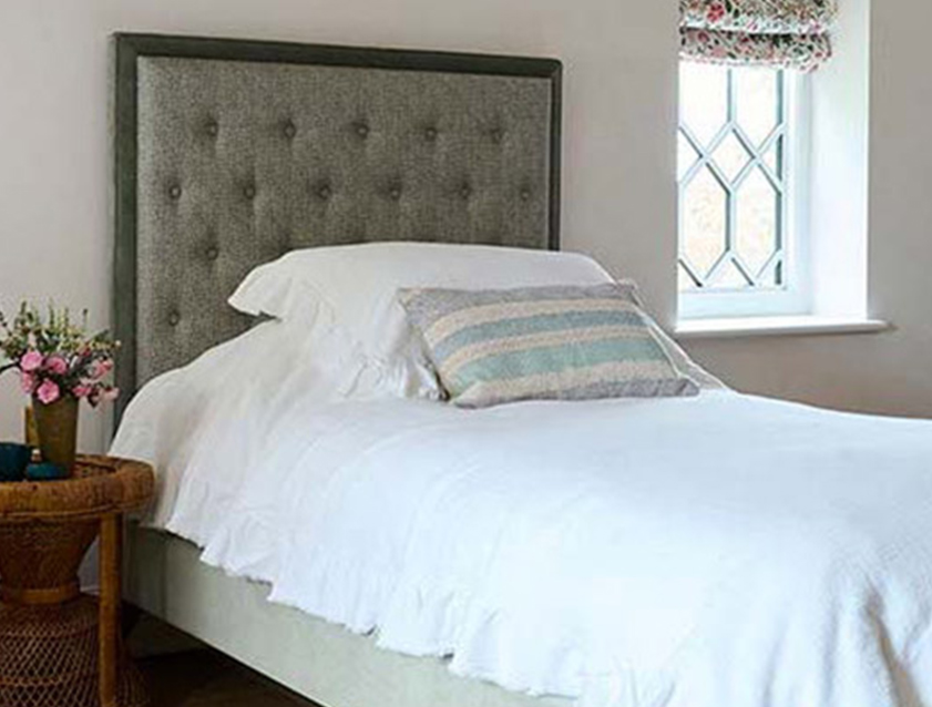 Camden Single Bed in RHS Collection Gertrude Jekyll Lattice Duck Egg and Linwood Omega Velvet Duck Egg
